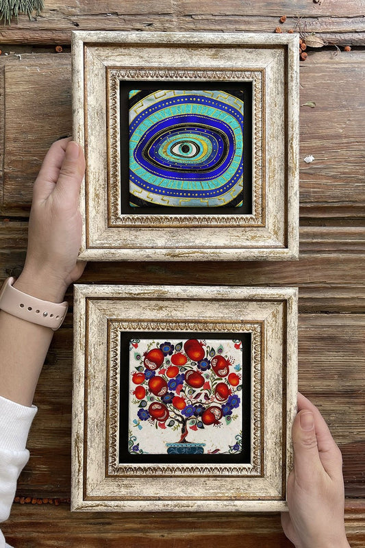 Framed Stone Wall Decoration Painting 8" x 8" Set of 2 (1100-471) Evil Eye Pomegranate Tree