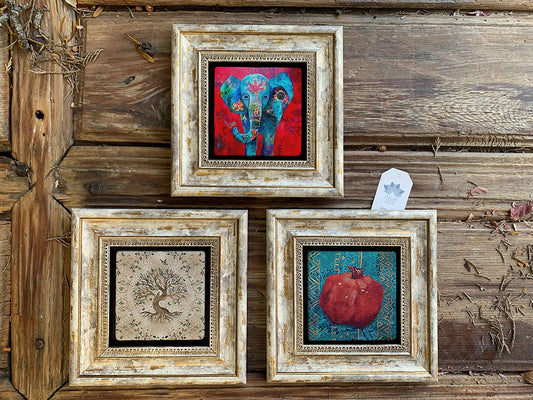Framed Stone Wall Decoration Painting Set of 3 8" x 8" Elephant Tree of Life Pomegranate