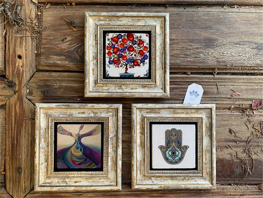 Framed Stone Wall Decoration 8" x 8" Set of 3 Fatima Mother's Hand Whirling Dervish Pomegranate Tree