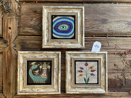 Framed Stone Wall Decoration Painting Set of 3 8" x 8" Evil Eye Shahmeran Ebruli