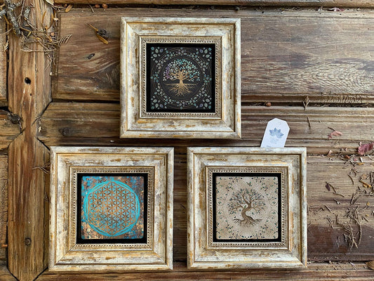 Framed Stone Wall Decoration Painting Set of 3 8" x 8" Fatma Mother Flower of Life Life