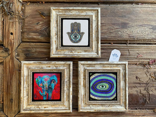 Framed Stone Wall Decoration Painting Set of 3 8" x 8" Tree of Life Hand of Mother Fatma the Elephant