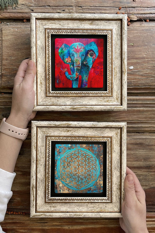 Framed Stone Wall Decoration Painting 8" x 8" Set of 2 (1090-1488) Flower of Life Elephant