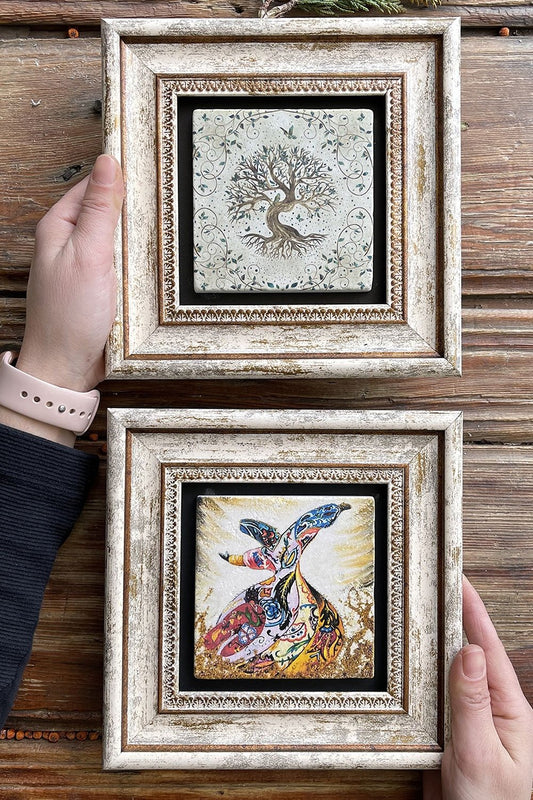 Framed Stone Wall Decoration Painting 8" x 8" Set of 2 (540-60) Tree of Life Whirling Dervish