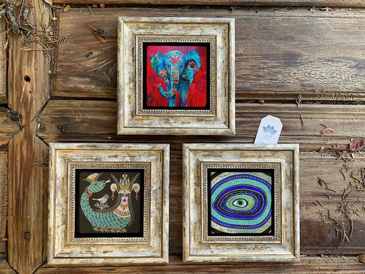 Framed Stone Wall Decoration Painting Set of 3 8" x 8" Elephant Shahmaran Evil Eye