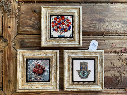 Framed Stone Wall Decoration 8" x 8" Set of 3 Pomegranate Tree Fatima Mother's Hand and Pomegranate