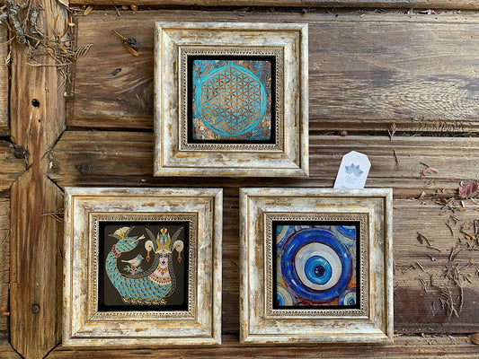 Framed Stone Wall Decoration Painting Set of 3 8" x 8" Nazar Shahmeran Flower of Life