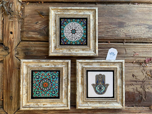 Framed Stone Wall Decoration 8" x 8" Set of 3 Fatma Mother Hand 2 Pieces Tile Pattern