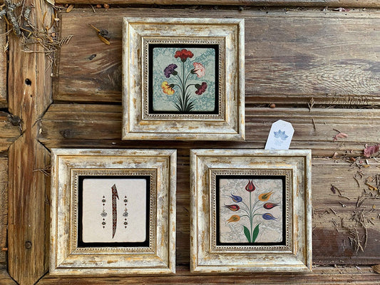 Framed Stone Wall Decoration Painting Set of 3 8" x 8" Ebruli Set and Elif