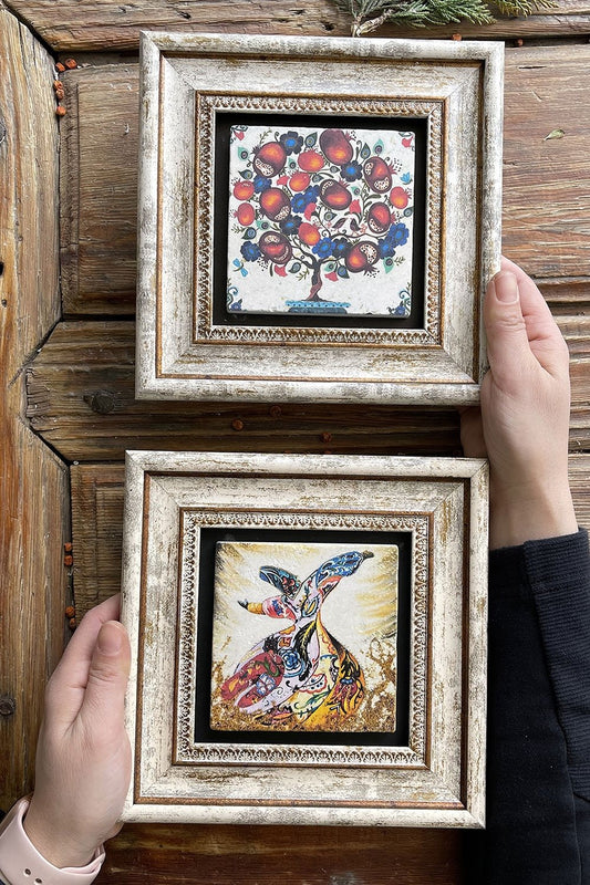 Framed Stone Wall Decoration Painting 8" x 8" Set of 2 (60-471) Whirling Dervish Pomegranate Tree