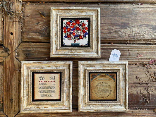 Framed Stone Wall Decoration 8" x 8" Set of 3 Pomegranate Tree Prayer for Fertility and Evil Eye