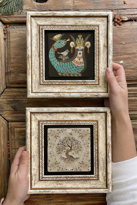 Framed Stone Wall Decoration Painting 8" x 8" Set of 2 (540-1213) Tree of Life Shahmaran