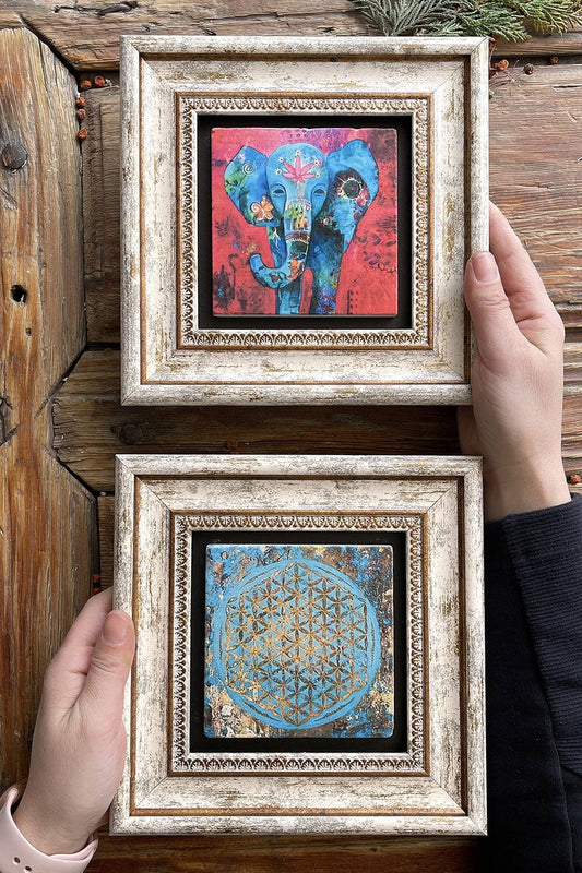 Framed Stone Wall Decoration Painting 8" x 8" Set of 2 (1090-1488) Life Flower Elephant