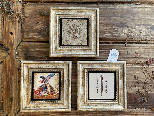 Framed Stone Wall Decoration Painting Set of 3 8" x 8" Tree of Life Semzen Elif