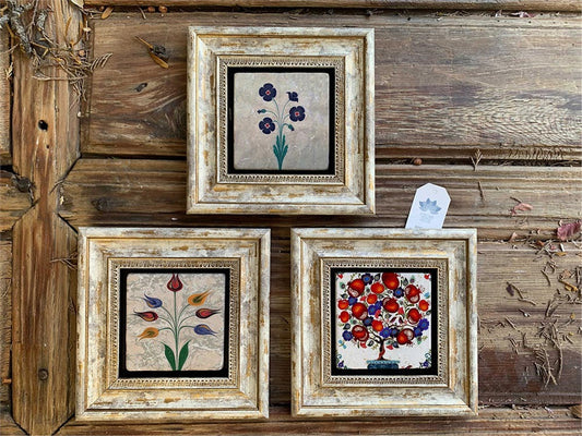 Framed Stone Wall Decoration 8" x 8" Set of 3 Pomegranate Tree Marbled Flower Tulip