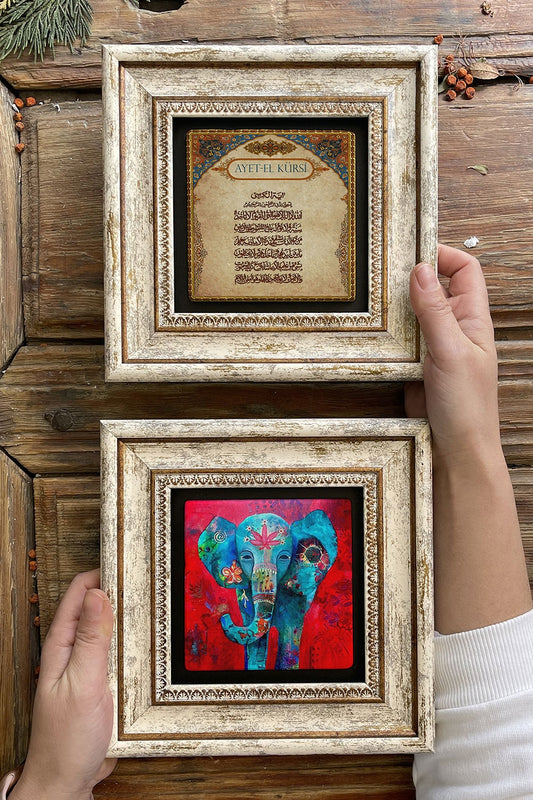 Framed Stone Wall Decoration Painting 8" x 8" Set of 2 (463-1488) Ayetel Kursi Elephant