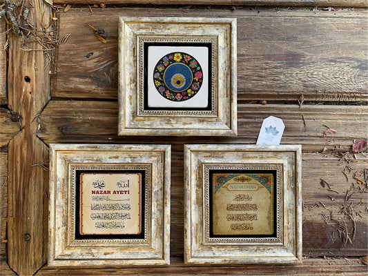 Framed Stone Wall Decoration 8" x 8" Set of 3 Evil Eye Verse, Evil Eye Prayer, Evil Eye Beads