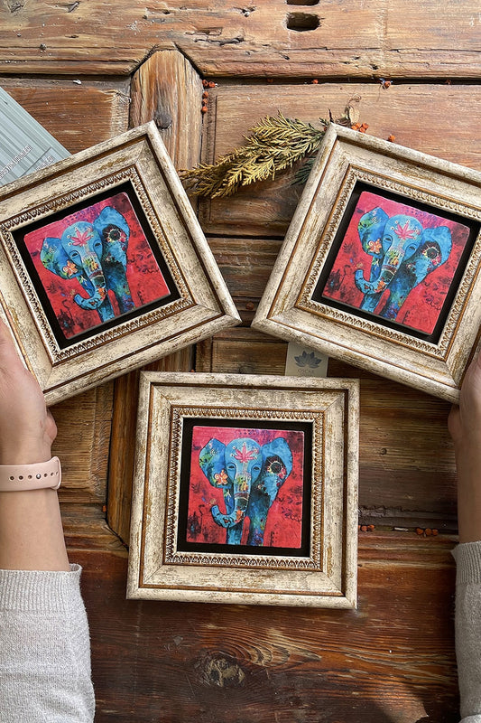 Framed Stone Wall Decoration Painting 8" x 8" Set of 3 Elephant