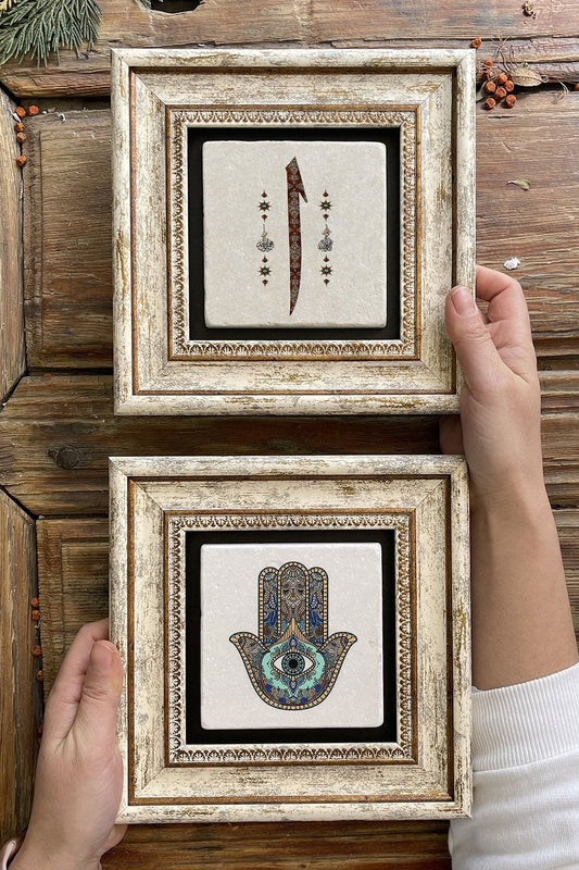 Framed Stone Wall Decoration Painting 8" x 8" Set of 2 (114-321) Fatma Ana Elif