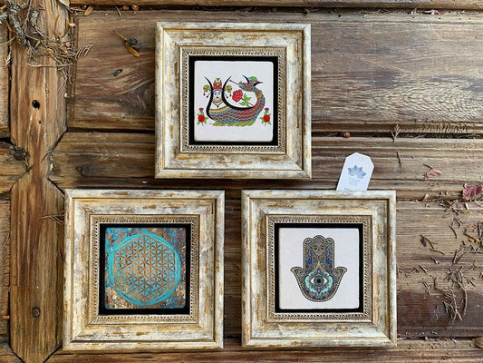Framed Stone Wall Decoration Painting Set of 3 8" x 8" Shahmeran Fatma Mother Flower of Life