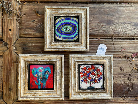 Framed Stone Wall Decoration Painting Set of 3 8" x 8" Pomegranate Tree Elephant Evil Eye