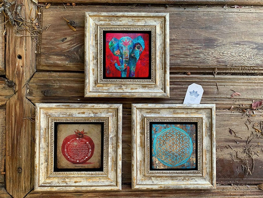Framed Stone Wall Decoration Painting Set of 3 8" x 8" Elephant Pomegranate Prayer Flower of Life