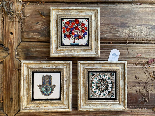 Framed Stone Wall Decoration 8" x 8" Fatma's hand Pomegranate tree Pattern