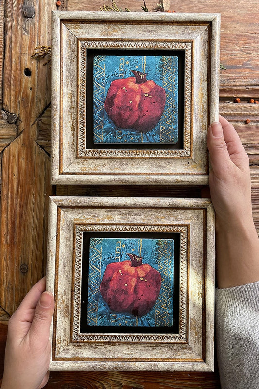 Framed Stone Wall Decoration Painting 8" x 8" Set of 2 Pomegranate