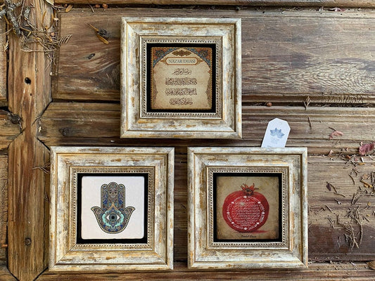 Framed Stone Wall Decoration Painting Set of 3 8" x 8" Evil Eye Prayer Pomegranate Prayer Fatma Mother Hand