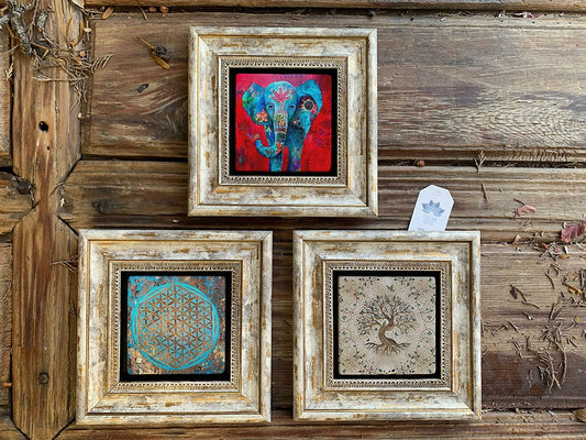 Framed Stone Wall Decoration Painting Set of 3 8" x 8" Elephant Tree of Life and Flower of Life