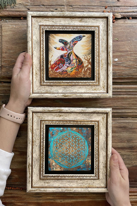 Framed Stone Wall Decoration Painting 8" x 8" Set of 2 (1090-60) Flower of Life Whirling Dervish