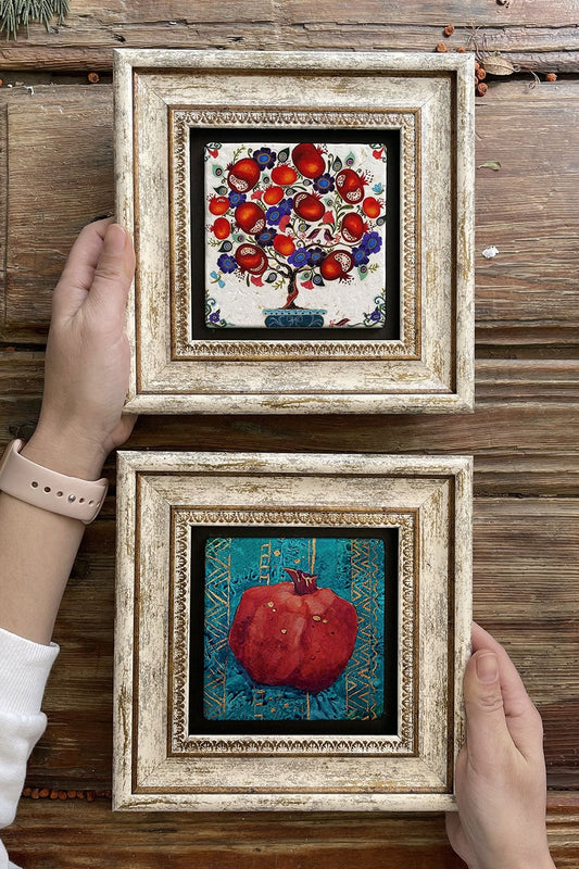 Framed Stone Wall Decoration Painting 8" x 8" Set of 2 (480-471) Pomegranate Pomegranate Tree