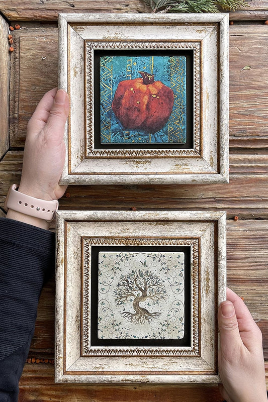 Framed Stone Wall Decoration Painting 8" x 8" Set of 2 (540-480) Tree of Life Pomegranate