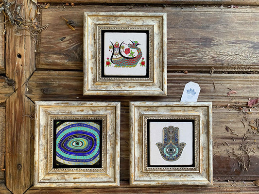 Framed Stone Wall Decoration Painting Set of 3 8" x 8" Fatma Ana Evil Eye Shahmeran
