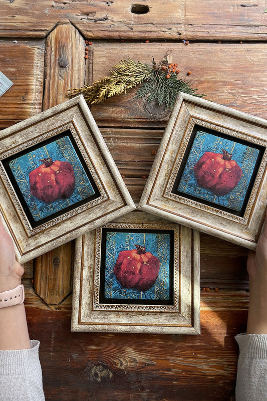 Framed Stone Wall Decoration Painting 8" x 8" Set of 3 Pomegranate