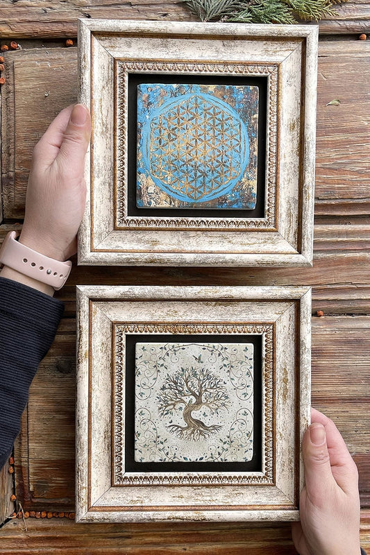 Framed Stone Wall Decoration Painting 8" x 8" Set of 2 (1090-540) Life and Tree of Life