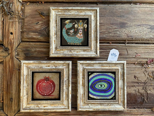 Framed Stone Wall Decoration Painting Set of 3 8" x 8" Pomegranate Prayer Shahmeran Evil Eye
