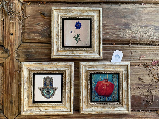 Framed Stone Wall Decoration 8" x 8" Set of 3 Fatma Ana, Pomegranate Hand Ebruli Flower