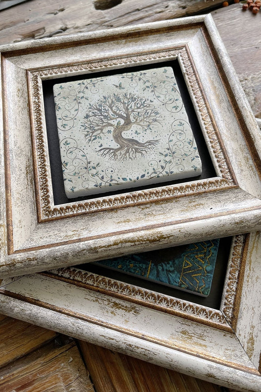 Framed Stone Wall Decoration Painting 8" x 8" Set of 2 (540-480) Tree of Life Pomegranate