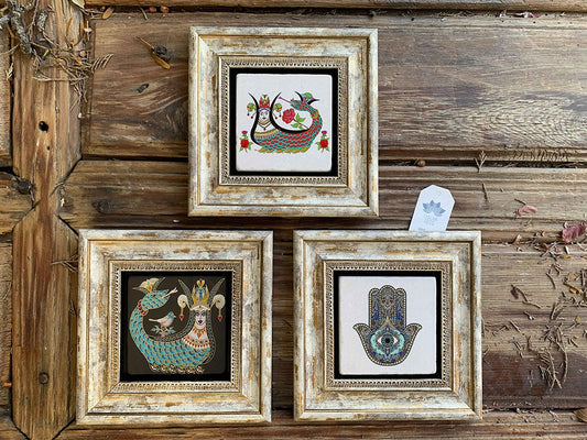 Framed Stone Wall Decoration Painting Set of 3 8" x 8" Shahmaran Set and Flower of Life