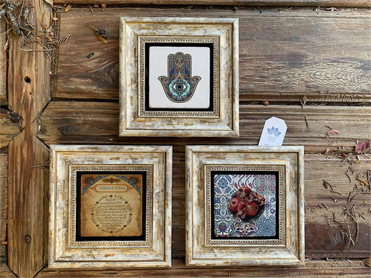 Framed Stone Wall Decoration 8" x 8" Set of 3 Hand of Mother Fatima Prayer of Fertility Pomegranate