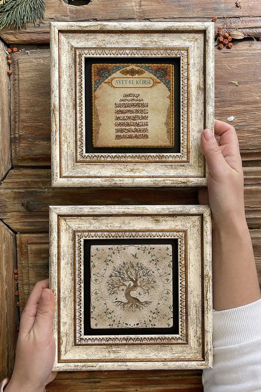 Framed Stone Wall Decoration Painting 8" x 8" Set of 2 (540-463) Tree of Life Ayetel