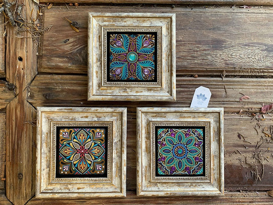 Framed Stone Wall Decoration Painting Set of 3 8" x 8" Pattern Set