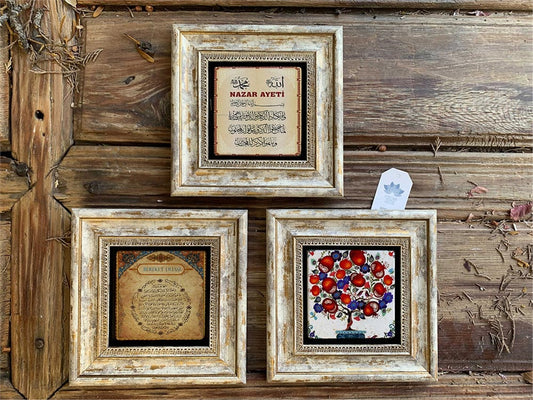 Framed Stone Wall Decoration 8" x 8" Pomegranate Tree Evil Eye and Fertility Prayer Set of 3