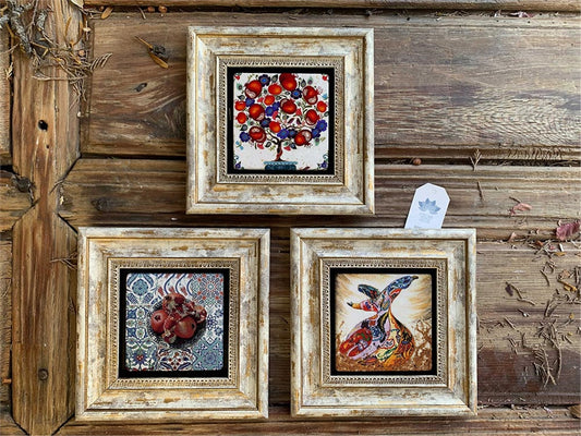 Framed Stone Wall Decoration 8" x 8" Set of 3 Pomegranate Plate, Whirling Dervish and Pomegranate Tree