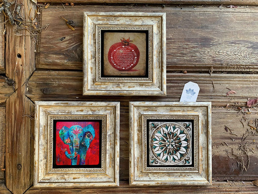 Framed Stone Wall Decoration Painting Set of 3 8" x 8" Elephant Pattern Pomegranate Fertility Prayer
