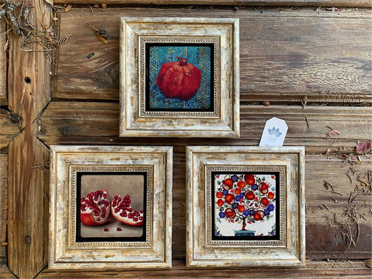 Framed Stone Wall Decoration 8" x 8" Set of 3 Pomegranate Tree Themed