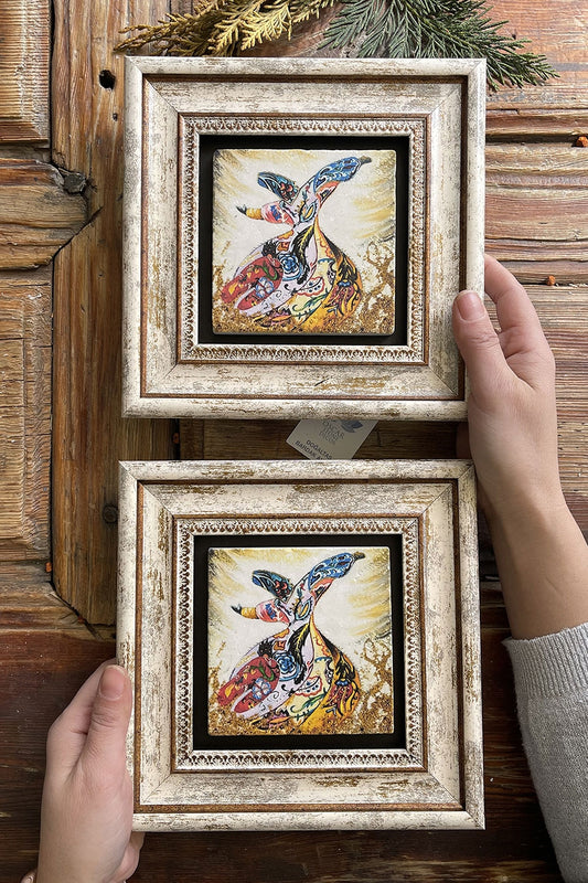 Framed Stone Wall Decoration Painting 8" x 8" Set of 2 Whirling Dervish