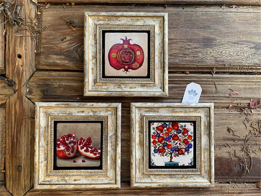 Framed Stone Wall Decoration 8" x 8" Set of 3 Pomegranate Tree Themed