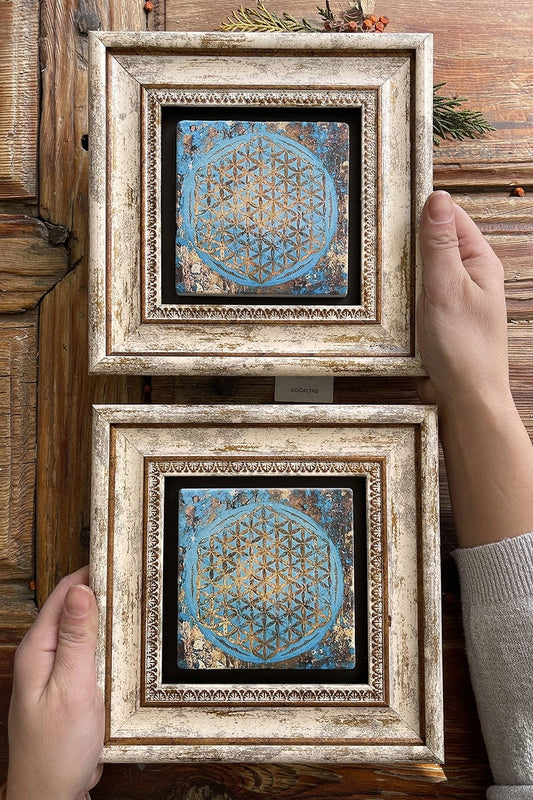 Framed Stone Wall Decoration Painting 8" x 8" Set of 2 Flower of Life